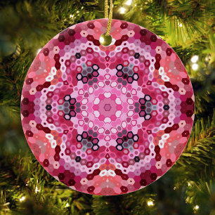 Ornamento De Cerâmica Hex Mandala Vermelho e Branco Rosa