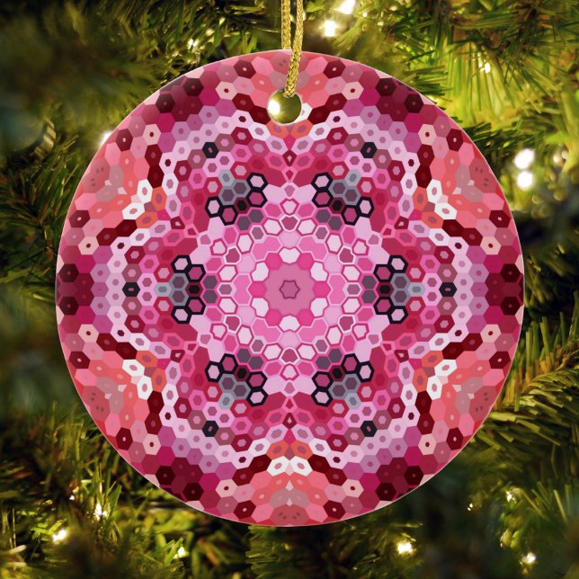 Ornamento De Cerâmica Hex Mandala Vermelho e Branco Rosa (Pink Red and White Hexagon Mandala Christmas Ornament from Wormhole Orbital)