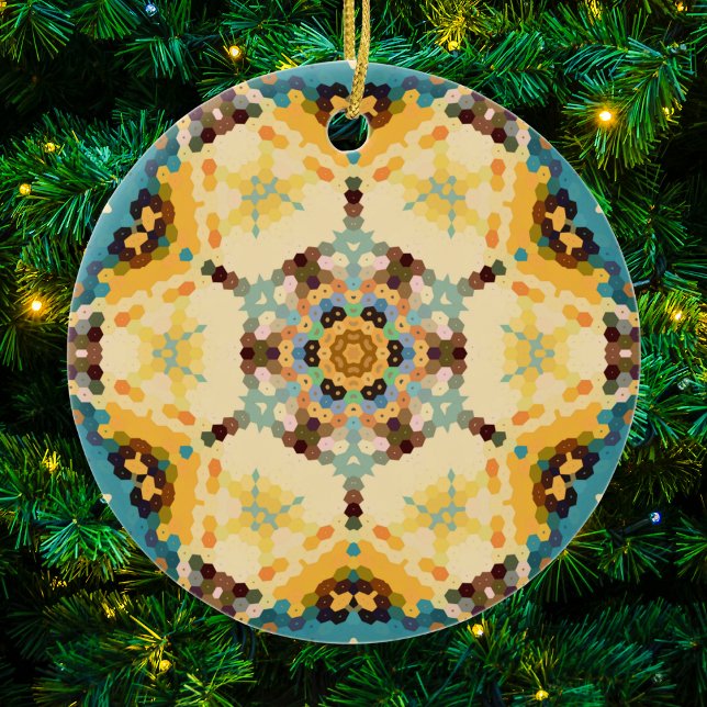 Ornamento De Cerâmica Hex Mandala Yellow e Blue (Yellow and Blue Hexagon Mandala Christmas Ornament from Wormhole Orbital)