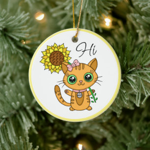 Ornamento De Cerâmica Hi e Hugs personalizados Gato cômodo com girasso