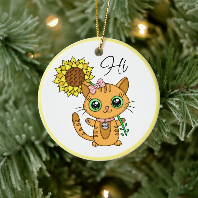 Ornamento De Cerâmica Hi e Hugs personalizados | Gato cômodo com girasso (Árvore)