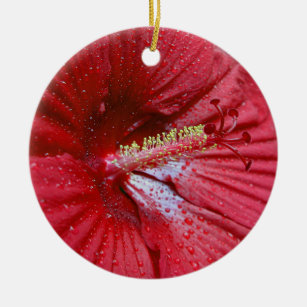 Ornamento De Cerâmica Hibiscus vermelho com pingos de chuva