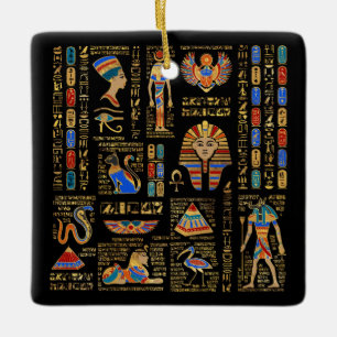 Ornamento De Cerâmica Hieróglifos egípcios e divindades em preto