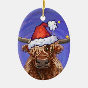 Ornamento De Cerâmica Highland Cow Christmas