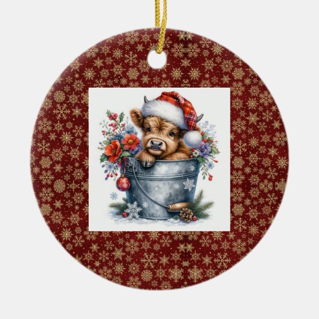 Ornamento De Cerâmica Highland Cow Christmas (Frente)