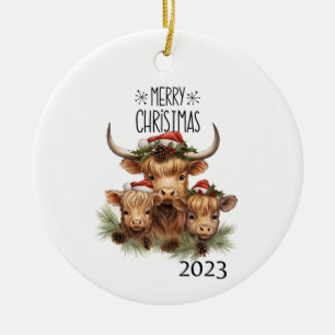 Ornamento De Cerâmica Highland Cow Christmas