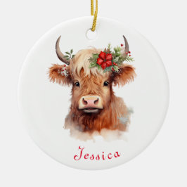 Ornamento De Cerâmica Highland Cow Christmas Santa Hat Nome Personalizad