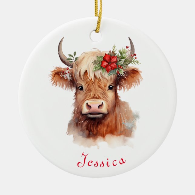 Ornamento De Cerâmica Highland Cow Christmas Santa Hat Nome Personalizad (Frente)