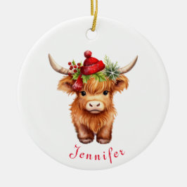 Ornamento De Cerâmica Highland Cow Christmas Santa Hat Personalizado