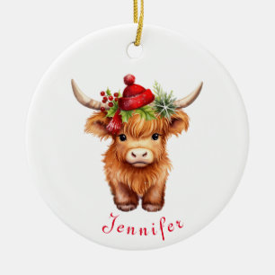 Ornamento De Cerâmica Highland Cow Christmas Santa Hat Personalizado