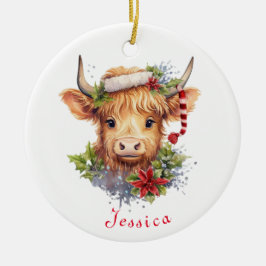 Ornamento De Cerâmica Highland Cow Christmas Santa Hat Personalizado