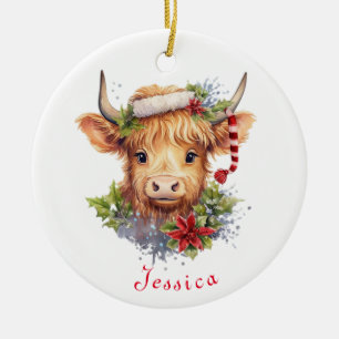 Ornamento De Cerâmica Highland Cow Christmas Santa Hat Personalizado