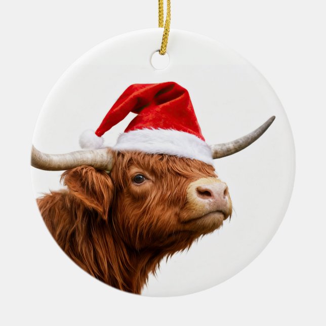 Ornamento De Cerâmica Highland Cow Santa Hat Cute Christmas Holiday (Frente)