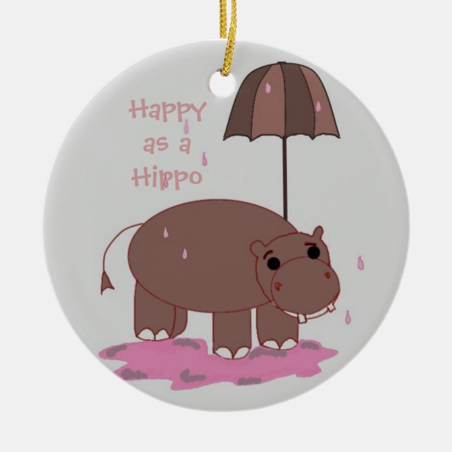 Ornamento De Cerâmica Hipopótamo Marrom com Guarda-chuva (Frente)