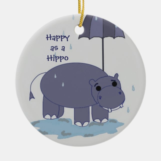 Ornamento De Cerâmica Hipopótamo Roxo com Guarda-chuva (Frente)