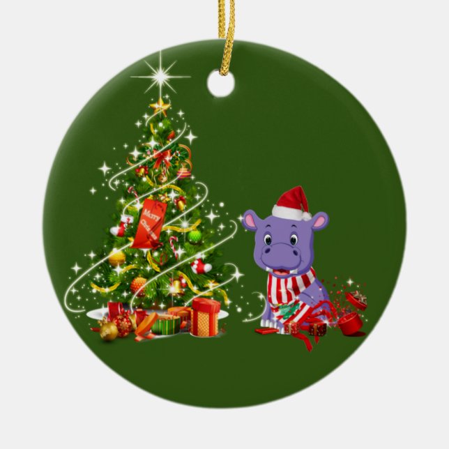 Ornamento De Cerâmica Hippo com o Natal dos Hat Scafés (Frente)