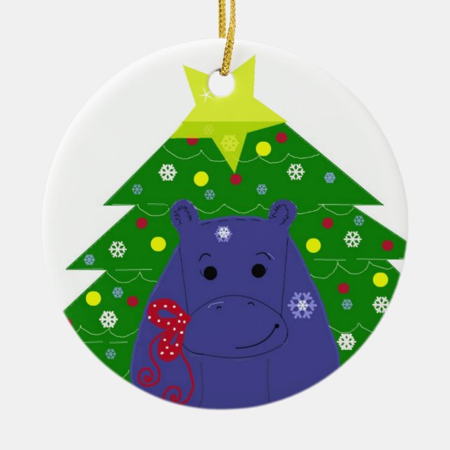 Ornamento De Cerâmica Hippo com uma árvore de Natal (Frente)