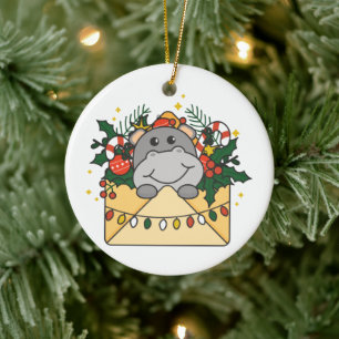 Ornamento De Cerâmica Hippo - Letra Natal dos Animais de inverno Hippos 