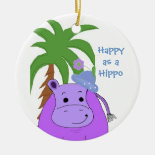 Ornamento De Cerâmica Hippopotamus roxo com uma Palmeira