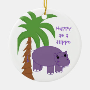 Ornamento De Cerâmica Hippopotamus roxo com uma Palmeira