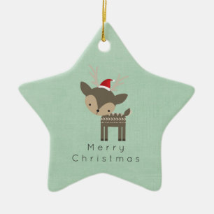 Ornamento De Cerâmica Hipster De Veado De Natal Num Chapéu Vermelho