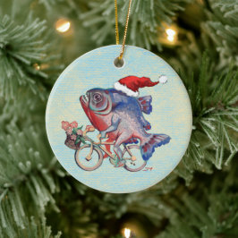 Ornamento De Cerâmica Hipster Piranha Em Uma Bicicleta Vestindo Santa Ha