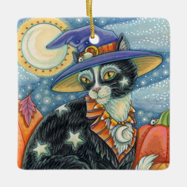 ORNAMENTO DE CERÂMICA HOCUS POCUS BLACK CAT WITCH & MOUSE HALLOWEEN (Frente)