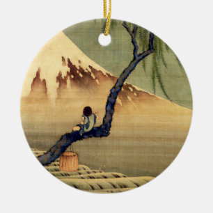Ornamento De Cerâmica Hokusai Boy Vivendo o Monte Fuji Japonês