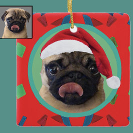 Ornamento De Cerâmica Holiday Green Red Your Dog Photo-Add Our Santa Hat