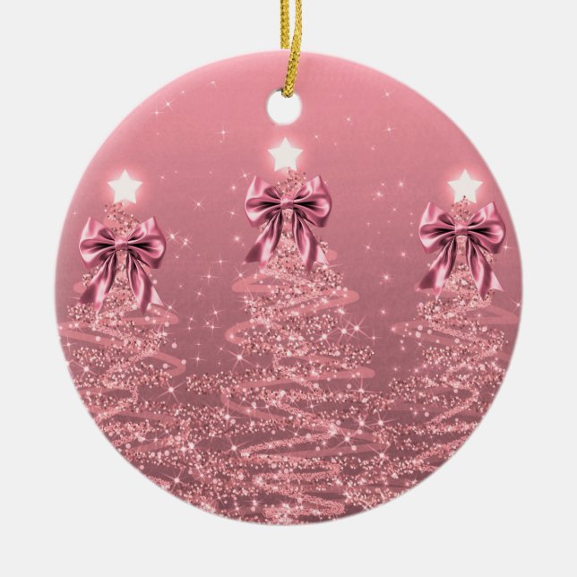Ornamento De Cerâmica Holiday Greeting Blush Pink Christmas Trees Bows (Frente)