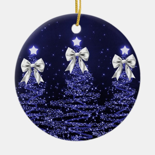 Ornamento De Cerâmica Holiday Greeting Navy Blue Christmas Trees Silver (Frente)