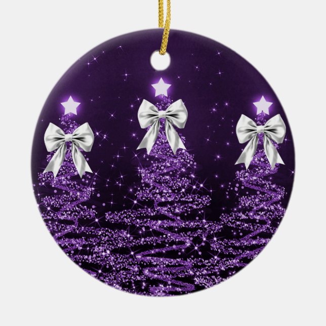 Ornamento De Cerâmica Holiday Greeting Purple Christmas Trees Silver (Frente)