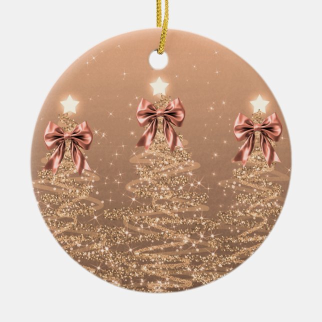 Ornamento De Cerâmica Holiday Greeting Rose Gold Christmas Trees Bows (Frente)