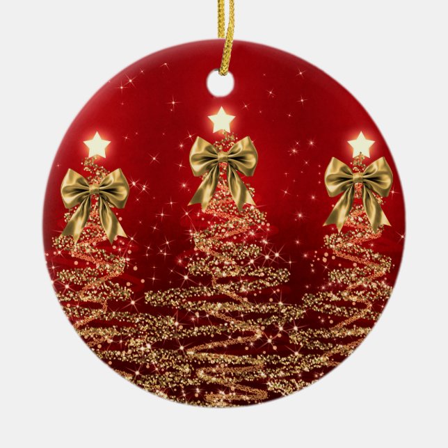 Ornamento De Cerâmica Holiday Greetings Gold Red Christmas Trees w/ Bows (Frente)
