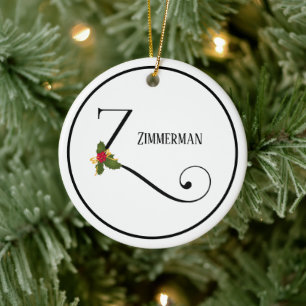Ornamento De Cerâmica Holiday Holly Monogramas - Letra Z Personalizada