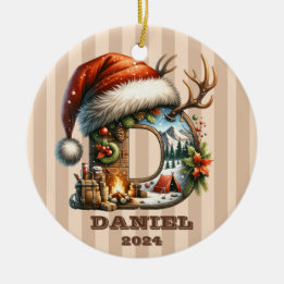Ornamento De Cerâmica Holiday - Letra D Santa Hat - Cena de inverno