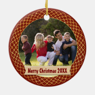 Ornamento De Cerâmica Holiday Photo Frame Editable Text Red and Gold