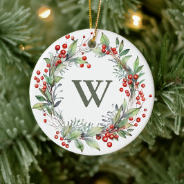 Ornamento De Cerâmica Holly Berry Wreath Monograma