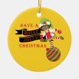Ornamento De Cerâmica Holly Jolly Black African Christmas Elf