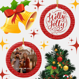 Ornamento De Cerâmica Holly Jolly Christmas Script Family Photo Red