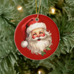 Ornamento De Cerâmica Holly Jolly Santa Claus Retro Style<br><div class="desc">Um ornamento com uma ilustração alegre de um Papai Noel estilo vintage com bochechas rosadas vermelhas vestindo seu clássico chapéu vermelho de Papai Noel e seu grande urso branco. Um sorriso de sprig adiciona ao espírito festivo de feriado desta design.</div>