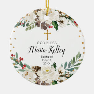 Ornamento De Cerâmica Holly Winter Floral Personalised Girl Baptism