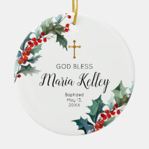 Ornamento De Cerâmica Holly Winter Floral Personalizado Girl Baptism