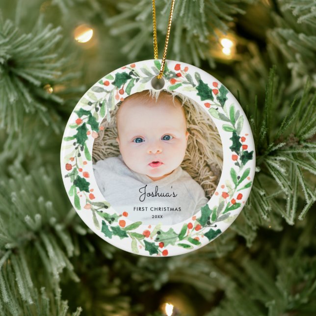 Ornamento De Cerâmica Holly Wreath Baby 1rua Ornament Fotográfico de Nat (Árvore)