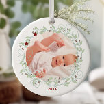 Ornamento De Cerâmica Holly Wreath - Baby Boy First Christmas Photo<br><div class="desc">Este Enfeites de natal é perfeito para o primeiro Natal do bebê. O modelo está pronto para você adicionar uma foto e o ano à frente, com mais duas seções na parte de trás para seu texto personalizado, como [nome do bebê] Primeiro Natal. Ambos os lados do ornamento têm a...</div>