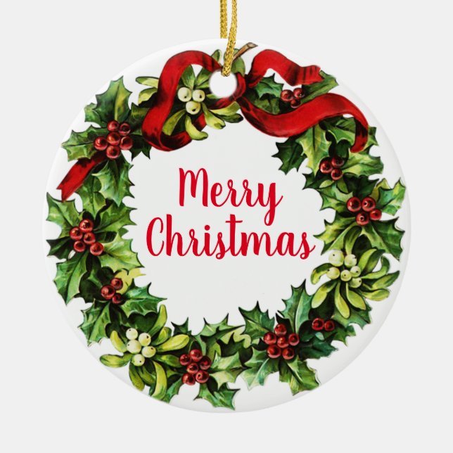 Ornamento De Cerâmica Holly Wreath e Calliografia (Frente)