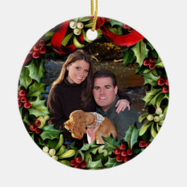 Ornamento De Cerâmica Holly Wreath Foto Personalizada Ornament