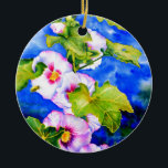 Ornamento De Cerâmica Hollyhocks<br><div class="desc">hollyhock romântico original com pintura de aquarela de abelha de pequeno umbigo por H Cooper</div>