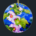 Ornamento De Cerâmica Hollyhocks<br><div class="desc">hollyhock romântico original com pintura de aquarela de abelha de pequeno umbigo por H Cooper</div>