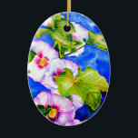 Ornamento De Cerâmica Hollyhocks<br><div class="desc">hollyhock romântico original com pintura de aquarela de abelha de pequeno umbigo por H Cooper</div>